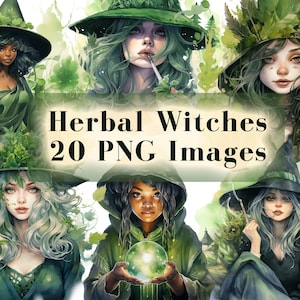 Herbal Witches Watercolor Clipart Bundle - 20 PNG Graphics, Fantasy Magical Green Witch PNG, Herbs, Plants, Instant Download, Commercial Use