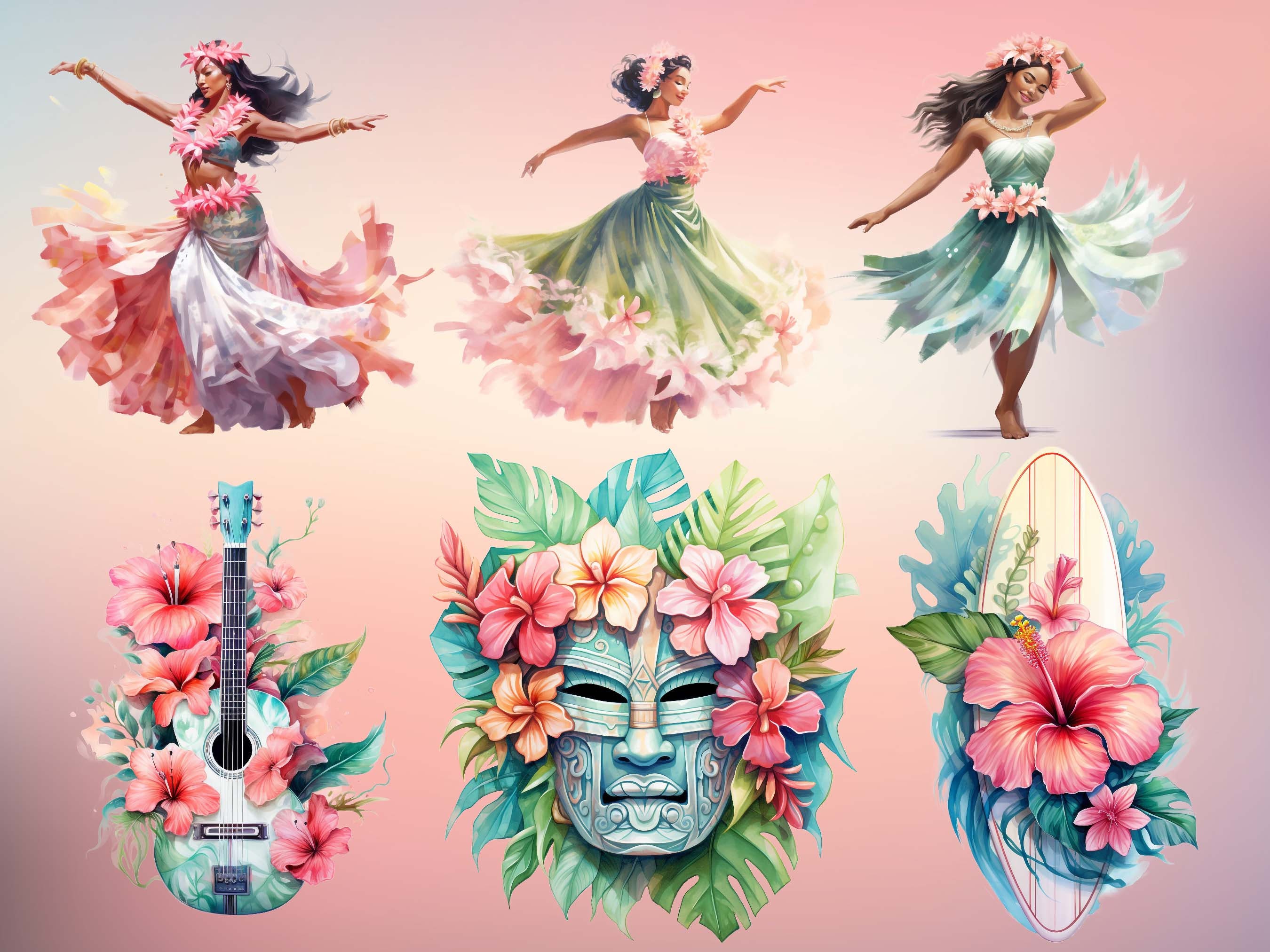 Watercolor Pastel Hawaii Clipart Bundle - 20 PNG Graphics - Watercolor ...