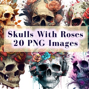 Schädel mit Rosen PNG Bündel, Schädel Sublimationsdesign, trendiger Schädel PNG, Tag der Toten, Schädel Illustration PNG, kommerzielle Nutzung Download