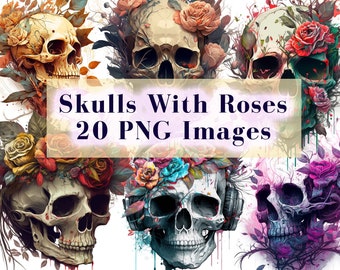 Bundle PNG tête de mort avec des roses, conception de sublimation de tête de mort, tête de mort à la mode PNG, le jour des morts, illustration de tête de mort PNG, usage commercial téléchargement