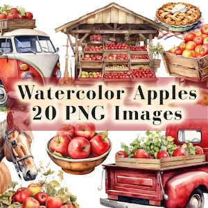 Pacote de clipart de maçã com 20 PNG de clipart de maçã vermelha em aquarela, pomar, torta de maçã, fazendeiro, clipart de caminhão, download instantâneo, uso comercial