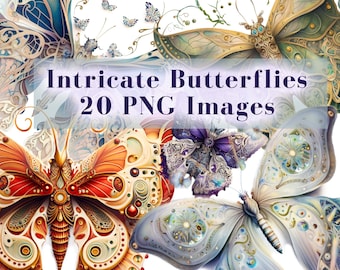 Intricate Butterfly Clipart Bundle - 20 PNG with Transparent Background, Watercolor Butterflies Graphics, Instant Download, Commercial Use
