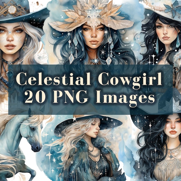 Celestial Cowgirl Clipart, Bohemian Goddess Clip Art, 20 Fantasy PNG Bundle, Watercolor Woman Graphics, Galaxy, Cowboy Hat, Horse PNG