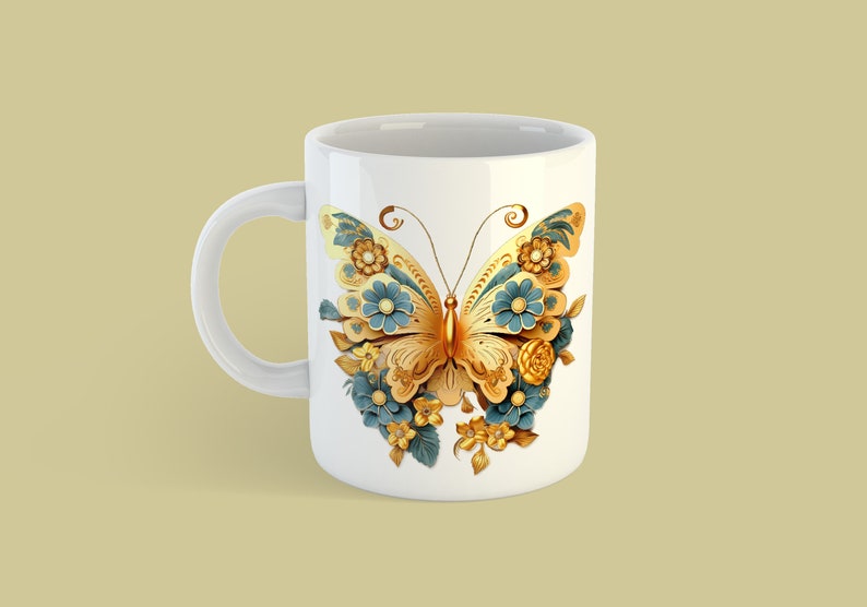 May include: White ceramic mug featuring a gold and blue butterfly design. The butterfly is surrounded by flowers and leaves.