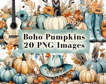 Boho Pumpkin Clipart, Fall Clipart, Thanksgiving Clipart, Watercolor Pumpkins, Floral Pumpkins, Boho Pumpkin Border, Watercolor Clipart