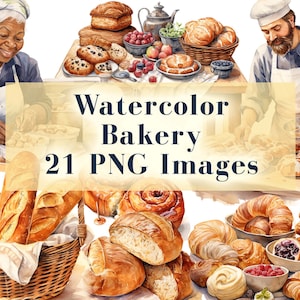 Clipart de padaria em aquarela 21 PNG, Clipart de pessoas assando, Pão, baguetes, croissants, doces, PNG, uso comercial, download instantâneo