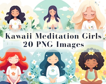 Kawaii Meditation Girls Clipart Bundle, Cute Yoga PNG Graphics (Digital Download)