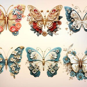 May include: Six intricate butterfly designs with 3D floral accents. Each butterfly features a unique colour scheme and intricate details, including gold accents and delicate floral patterns.