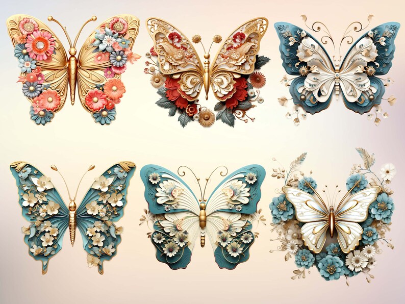 May include: Six intricate butterfly designs with 3D floral accents. Each butterfly features a unique colour scheme and intricate details, including gold accents and delicate floral patterns.