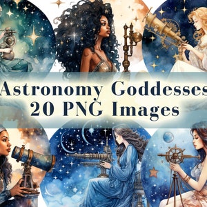 Celestial Astronomy Goddess Clipart, 20 Fantasy Clip Art PNG Bundle, Watercolor Night Sky Woman Graphics, Instant Download, Commercial Use