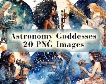 Celestial Astronomy Goddess Clipart, 20 Fantasy Clip Art PNG Bundle, Watercolor Night Sky Woman Graphics, Instant Download, Commercial Use