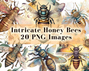 Intricate Honey Bee Clipart Bundle 20 PNG, Spring Decor, Watercolor honeybee art, bee clip art PNG graphics instant download commercial use