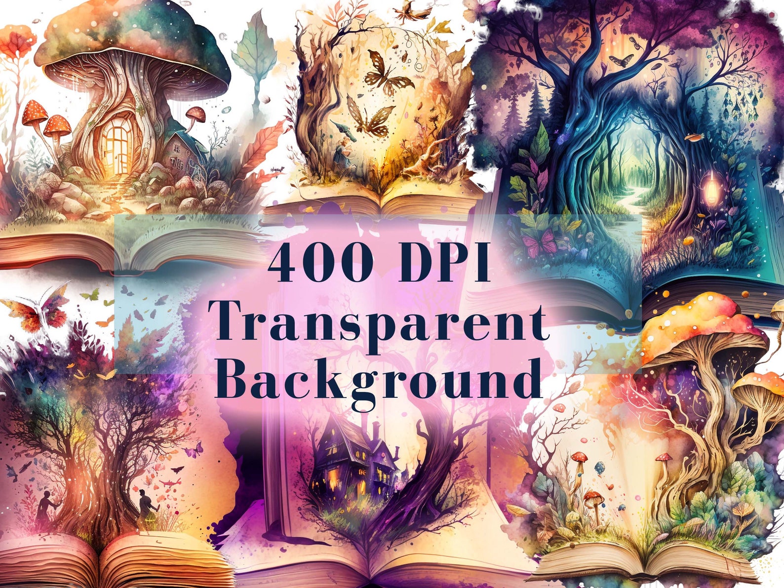 Watercolor Fantasy Books Clipart Bundle, 21 PNG Open Book Clip Art ...