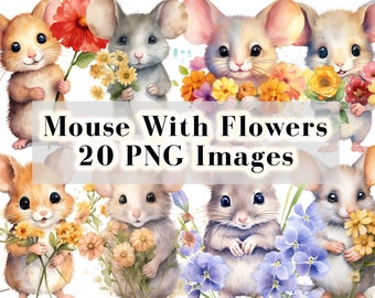 Mouse and Flower Clipart Bundle - 20 High Quality PNG Transparent Background - Cute Spring Mouse Digital Download - Card Making, Mixed Media