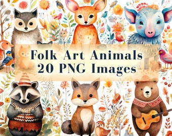 Watercolor Folk Art Animals Clipart Bundle, 20 PNG Scandi Woodland Graphics, Boho Scandinavian Animal Clip Art, Bohemian PNG, Commercial Use