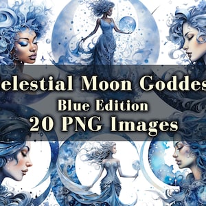 Celestial Clipart, Blue Moon Goddess Clip Art, 20 Fantasy PNG Bundle, Watercolor Night Sky Woman Graphics, Instant Download, Commercial Use