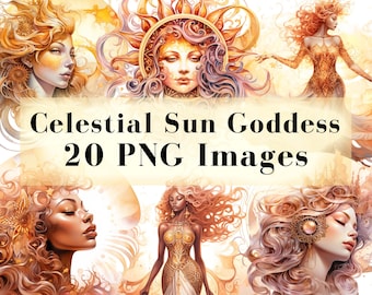 Celestial Clipart, Sun Goddess Clip Art, 20 Fantasy PNG Bundle, Watercolor Sun Sky Woman Graphics, Instant Download, Commercial Use