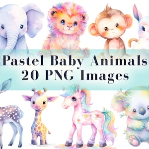 Bébés animaux pastel, cliparts aquarelle, baby shower, lion, tigre, girafe, zèbre, singe, éléphant, animaux mignons de la jungle, PNG, décoration de chambre d'enfant