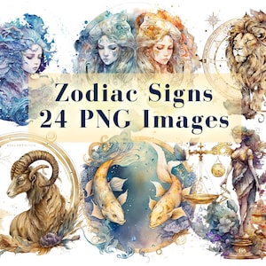 Zodiac Sign Bundle 24 PNG Sublimation Horoscope Design Rainbow Fantasy Galaxy Celestial Star Design Bottle Tumbler Print Instant Download