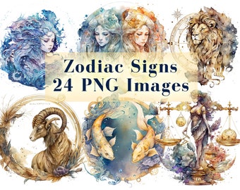 Zodiac Sign Bundle 24 PNG Sublimation Horoscope Design Rainbow Fantasy Galaxy Celestial Star Design Bottle Tumbler Print Instant Download