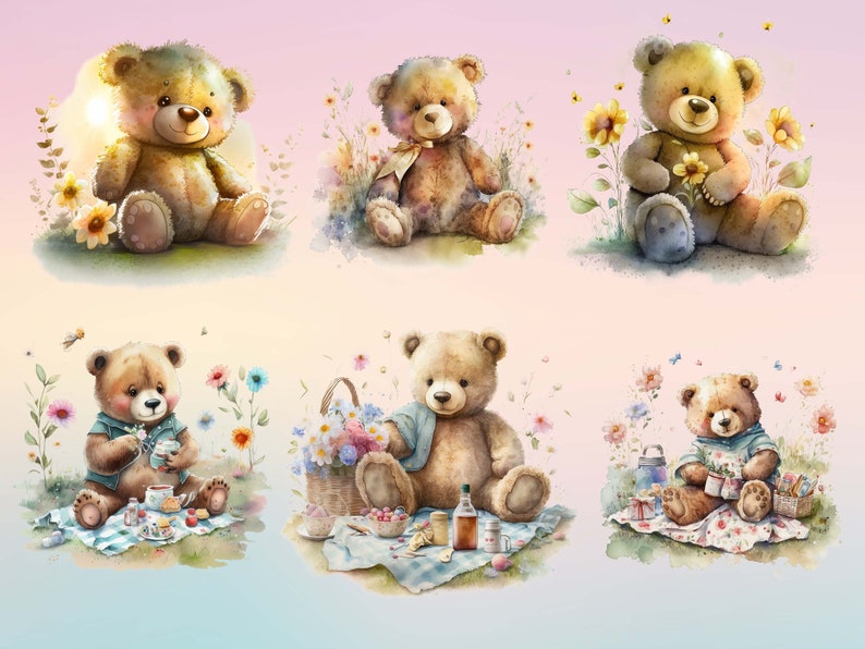 Baby Bear Nursery Art PNG Bundle, Watercolor Teddy Bear Printable ...