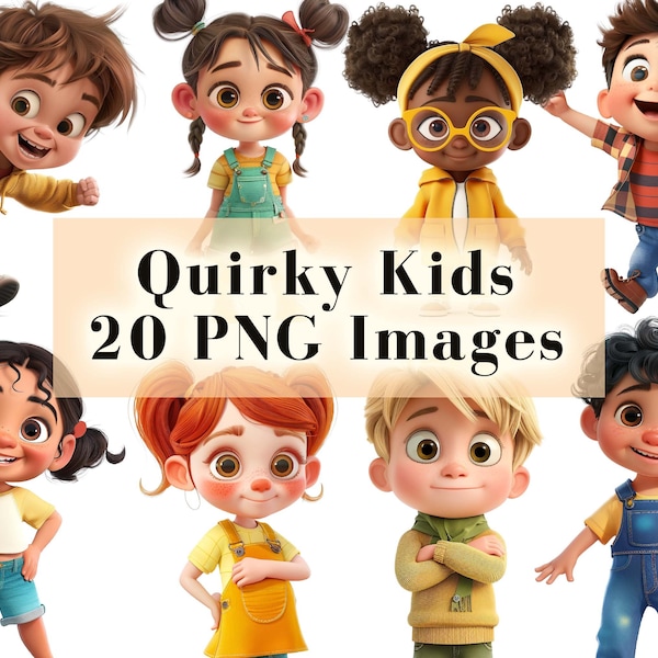 Quirky Kids Clipart Bundle 20 PNG, Mixed Media Whimsical Kids Clip Art, Children Graphics Bundle, Transparent Background, Funny Kids PNG