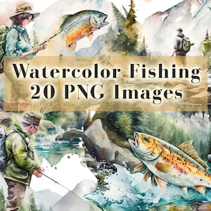 Watercolor Fishing Clipart, Fathers Day Fishing Clipart Bundle, Fish PNG People Clip Art, 20 Graphics, Instant Download, Commercial Use