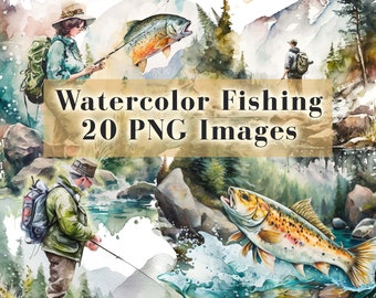 Watercolor Fishing Clipart, Fathers Day Fishing Clipart Bundle, Fish PNG People Clip Art, 20 Graphics, Instant Download, Commercial Use