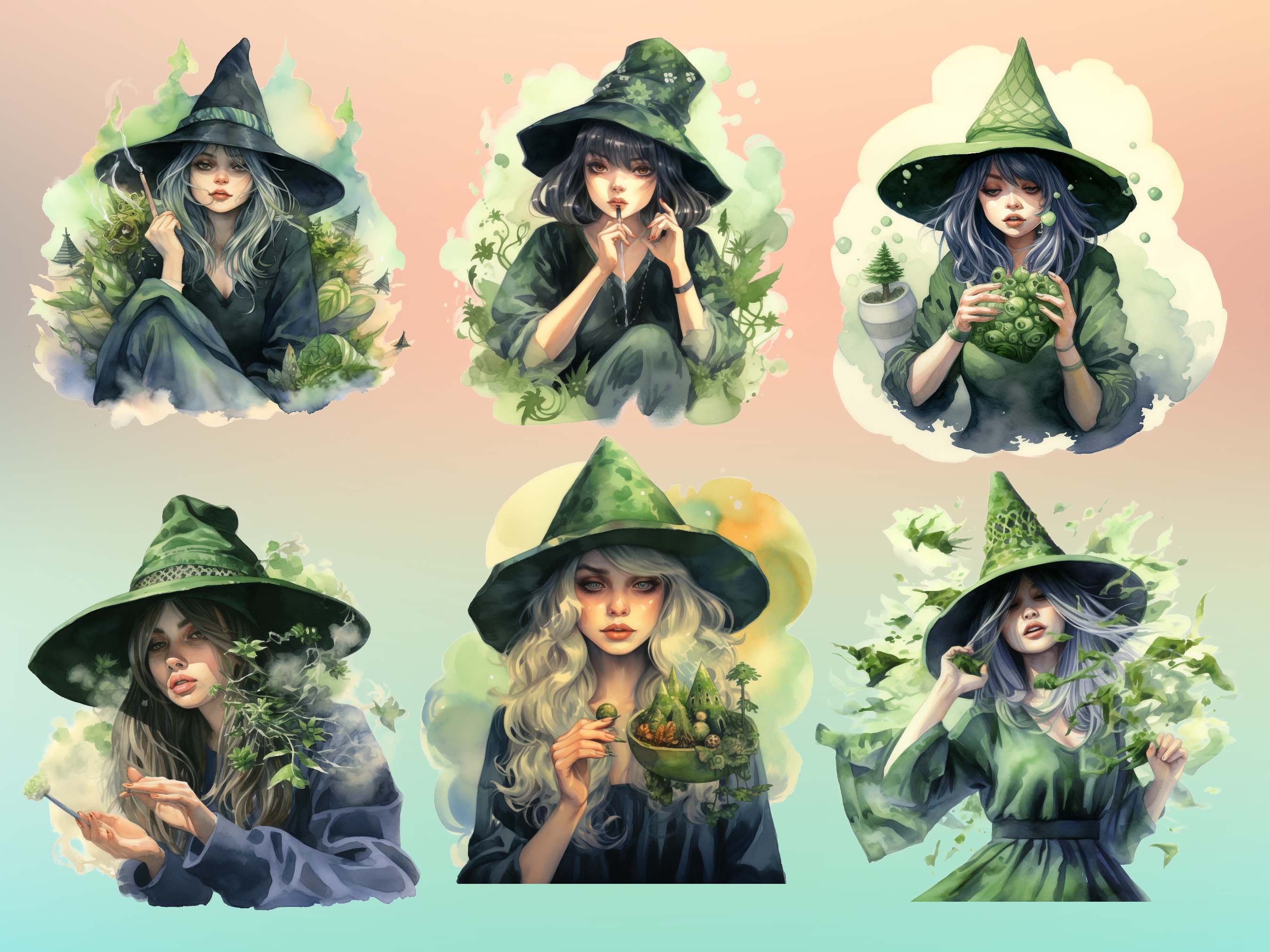 Herbal Witches Watercolor Clipart Bundle - 20 PNG Graphics, Fantasy ...