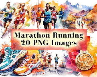May include: A watercolor painting of a marathon race with runners in colorful clothing. The painting features a gold medal with a swirling design, a pair of running shoes, and the text "Marathon Running 20 PNG Images".