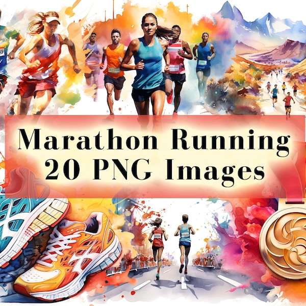 Aquarell Laufen Clipart Bundle, 20 Marathon Clipart PNG, Sport PNG, Läufer Clip Art, Renngrafik, kommerzielle Nutzung, sofortiger Download