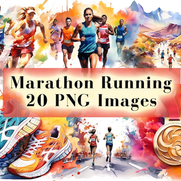 Watercolor Running Clipart Bundle, 20 Marathon Clipart PNG, Sports PNG, Runner Clip Art, Race Graphics, Commercial Use, Instant Download