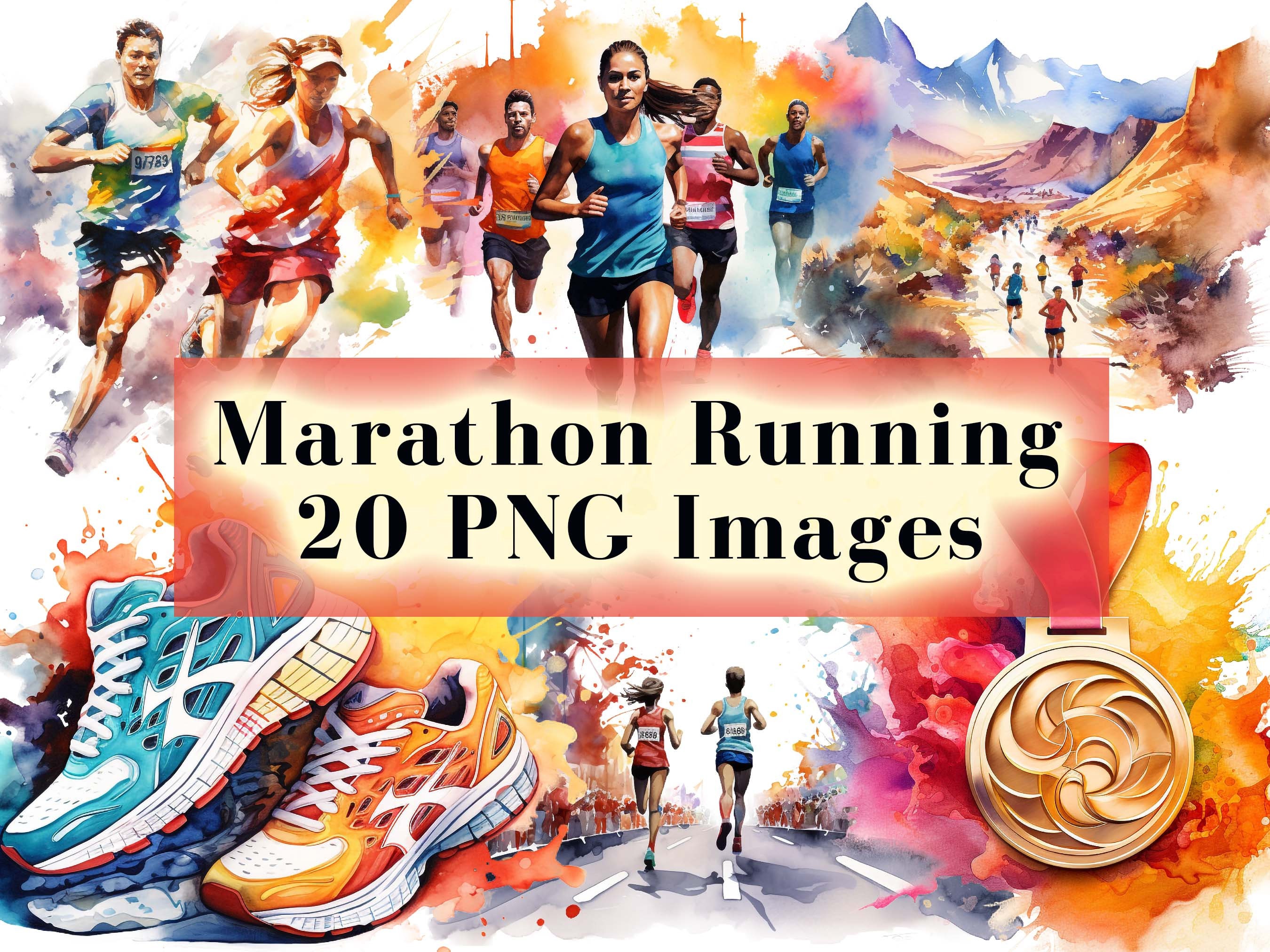 Watercolor Running Clipart Bundle, 20 Marathon Clipart PNG, Sports PNG, Runner Clip Art, Race Graphics, Commercial Use, Instant Download