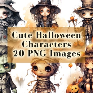 Cute Halloween Characters Clipart - 20 Cute Graphics, Halloween Art for Crafts and Decor, PNG Bundle, Sublimation Designs, Whimsical Gifts