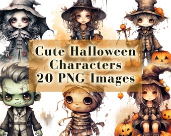 Cute Halloween Characters Clipart – PNG Bundle, Spooky Graphics (Digital Download)