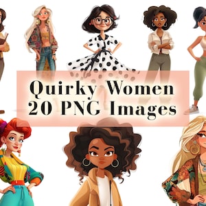 Paquete de 20 imágenes prediseñadas de mujeres extravagantes, imágenes prediseñadas de mujeres extravagantes en técnica mixta, paquete de gráficos de mujeres, fondo transparente, imágenes PNG de chicas divertidas