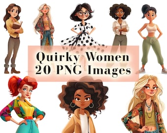 Quirky Women Clipart Bundle 20 PNG, Mixed Media Whimsical Woman Clip Art, Woman Graphics Bundle, Transparent Background, Funny Girls PNG