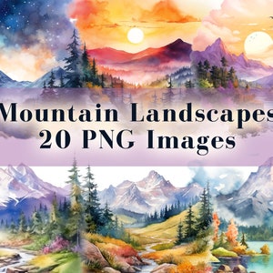 Imágenes prediseñadas de paisaje montañoso en acuarela, 20 gráficos digitales PNG, cordillera, diseños de sublimación de naturaleza, descarga instantánea, uso comercial