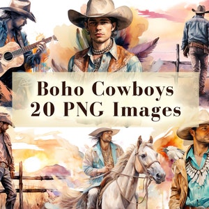 Boho Cowboy Western Clip Art Bundle - 20 Cowboy PNG Clip Art, Western PNG, Cowboy Bundle, Wild West PNG, Horse Riding Clipart, Junk Journal