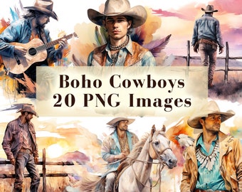 Boho Cowboy Western Clip Art Bundle - 20 Cowboy PNG Clip Art, Western PNG, Cowboy Bundle, Wild West PNG, Horse Riding Clipart, Junk Journal