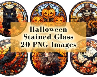 Halloween Stained Glass Clipart Designs - 20 PNG Clip Art Bundle Gothic Halloween Witches, Bats, Black Cat, Pumpkins, Ghosts, Scarecrow