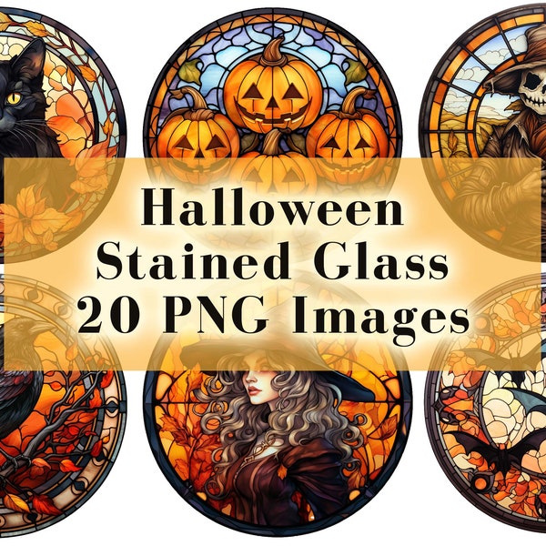 Halloween Stained Glass Clipart Designs - 20 PNG Clip Art Bundle Gothic Halloween Witches, Bats, Black Cat, Pumpkins, Ghosts, Scarecrow