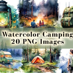 Watercolor Camping Clipart Bundle 20 PNG Graphics - Tent, Campfire, Vanlife, Backpack, Campsite Illustration Instant Download Commercial Use