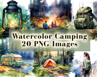 Watercolor Camping Clipart Bundle 20 PNG Graphics - Tent, Campfire, Vanlife, Backpack, Campsite Illustration Instant Download Commercial Use