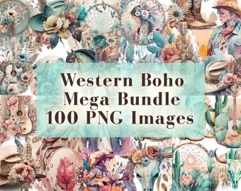 Watercolor Western Boho Clipart Mega Bundle - 100 PNG Graphics, Bohemian Cowgirl Clip Art, Western PNG, Pastel Country, Commercial Use