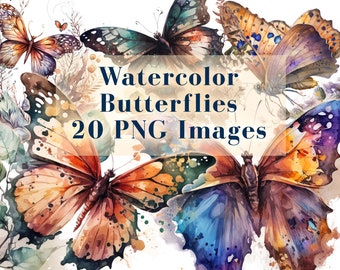 May include: A set of 20 watercolour butterfly illustrations in PNG format. The butterflies are painted in various shades of blue, purple, orange, and brown. The butterflies are depicted with intricate details and realistic textures.