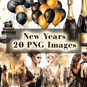 Pacote de Cliparts de Ano Novo em Aquarela com 20 Festas em PNG Preto e Dourado, Glamour e Feliz Ano Novo em PNG para Sublimação e Artesanato. Uso Comercial.