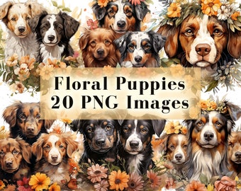 Watercolor Floral Puppy Dogs Clipart, Cute Dog Portrait PNG (20 Set)