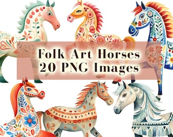 Scandinavian Folk Art Horses Printable Clipart Set of 20 PNG Bundle, Nordic Prints, Bedroom Living Room Decor, Horse PNG, Horse Clip Art