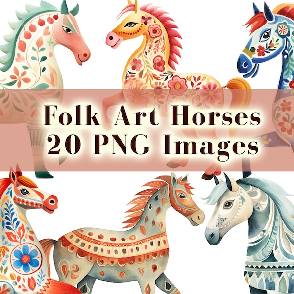 Scandinavian Folk Art Horses Printable Clipart Set of 20 PNG Bundle, Nordic Prints, Bedroom Living Room Decor, Horse PNG, Horse Clip Art